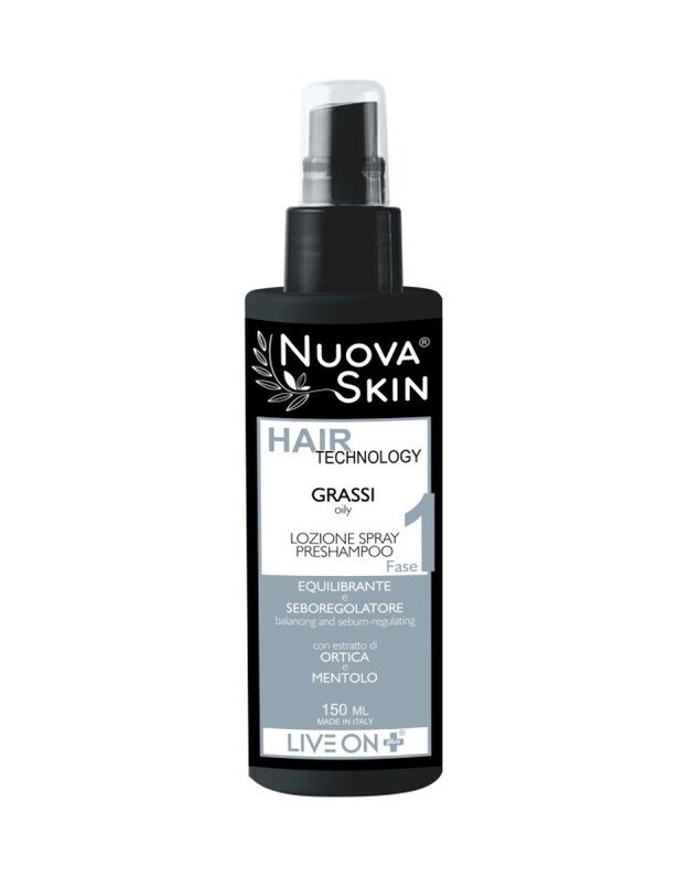 "Nuova Skin" Šveičiamasis purškiamas losjonas riebiai galvos odai prieš plaukų plovimą, 150 ml